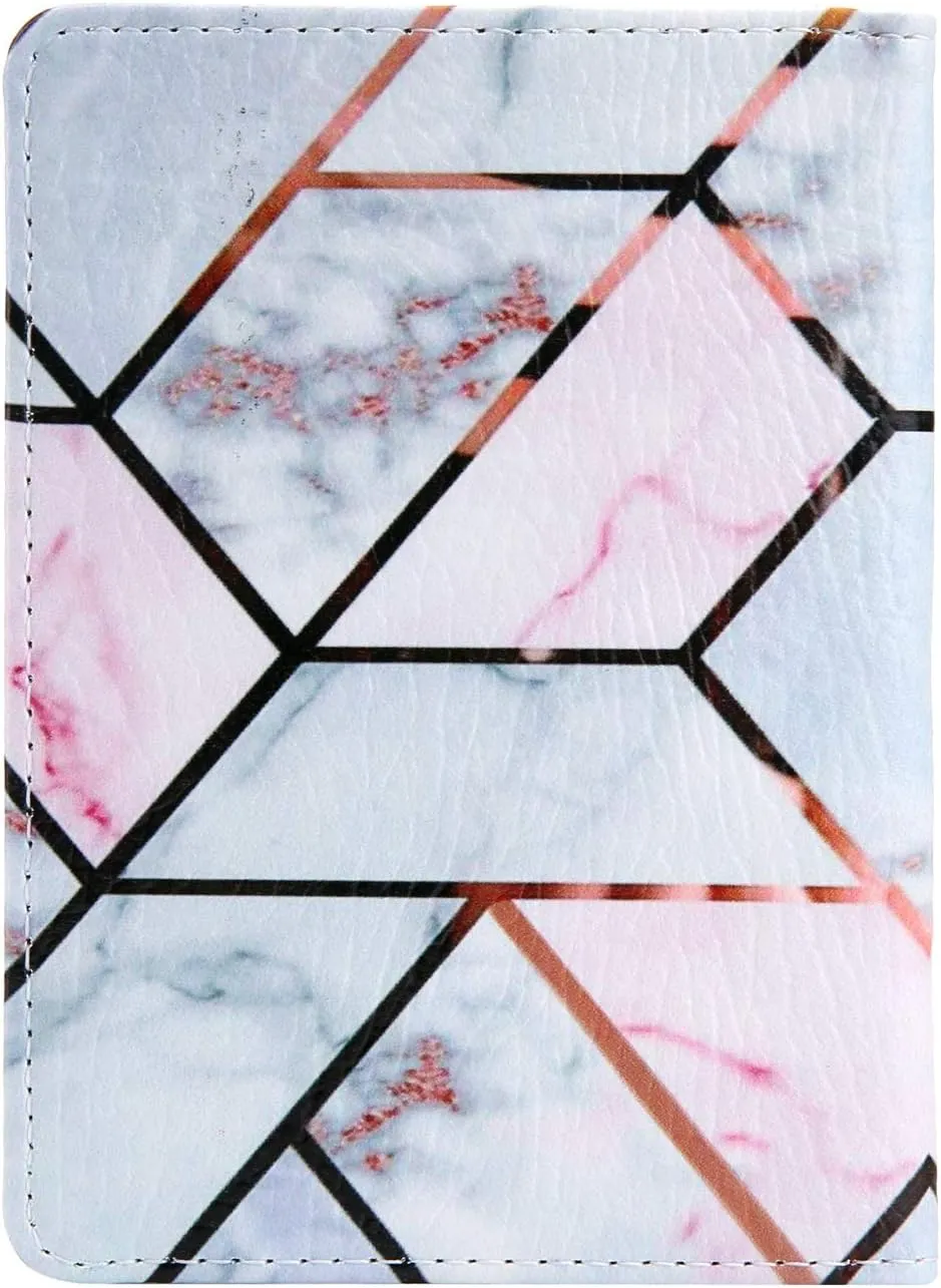 Passport Holder Cover RFID Blocking PU leather Card Travel Wallet Case, Pink Geometry Marble