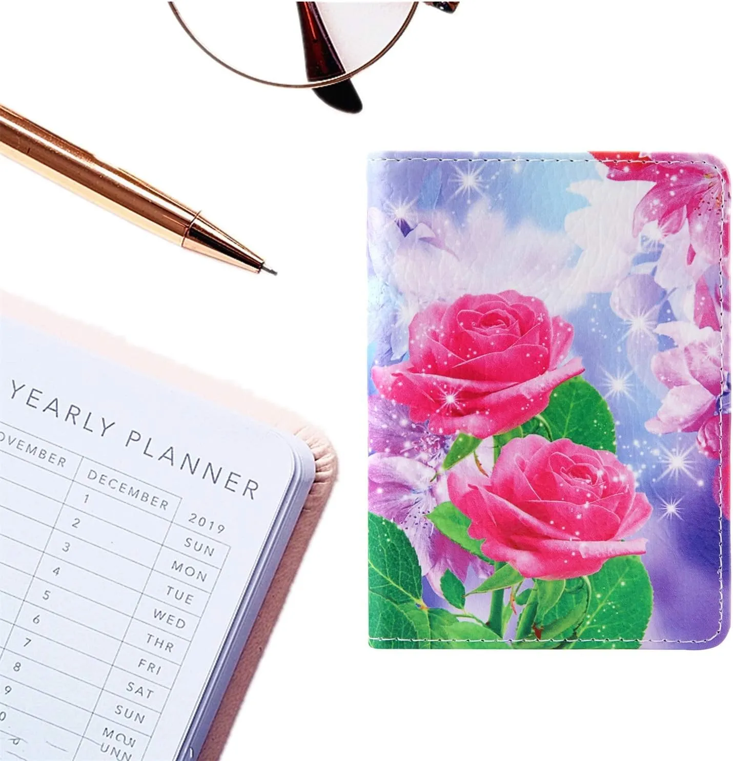 Passport Holder Cover RFID Blocking PU leather Card Travel Wallet Case, Pink Rose Flower