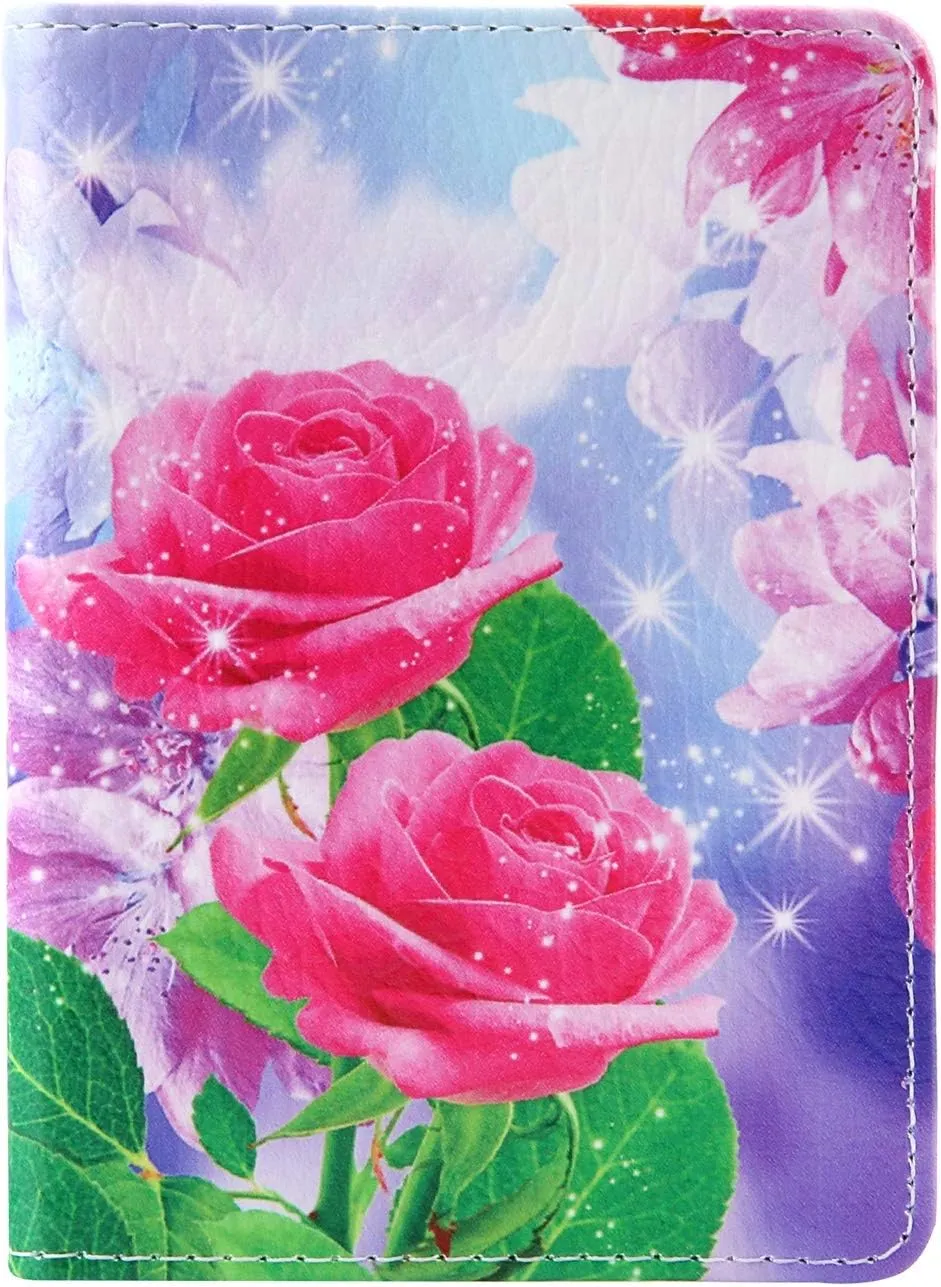 Passport Holder Cover RFID Blocking PU leather Card Travel Wallet Case, Pink Rose Flower