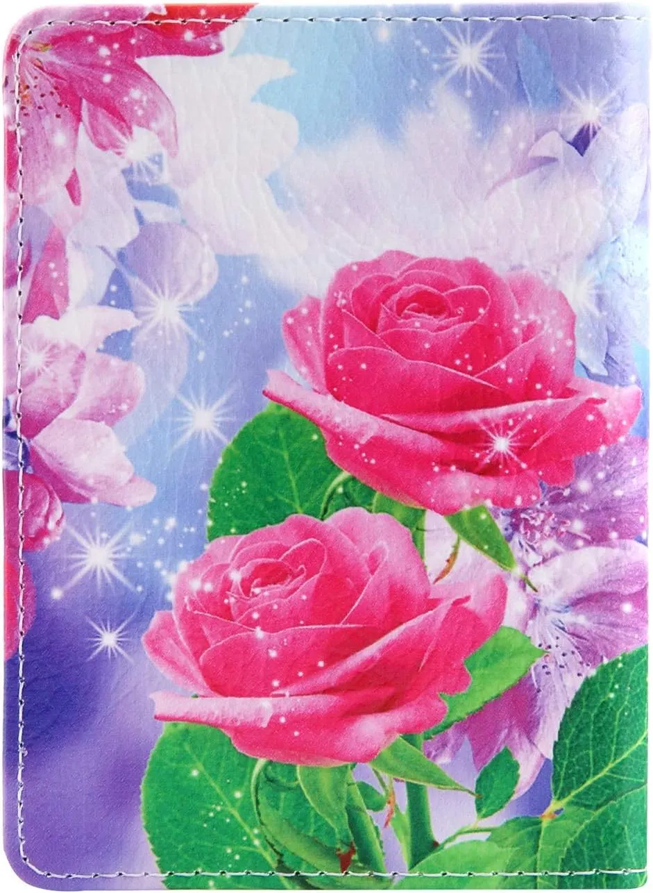 Passport Holder Cover RFID Blocking PU leather Card Travel Wallet Case, Pink Rose Flower