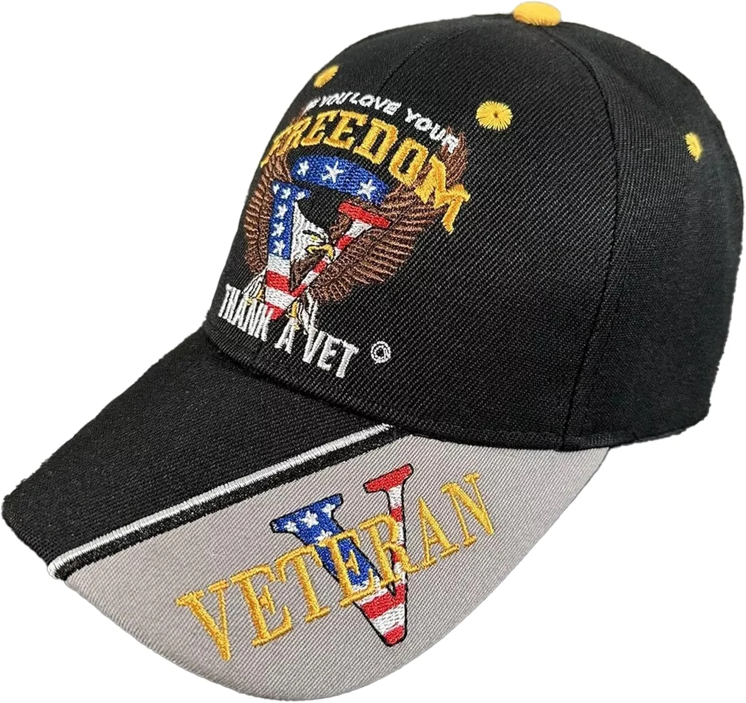 Patriotic Black Cap If you Love Your Freedom Thank Vet Bald Eagle American Flag, Multi, One Size