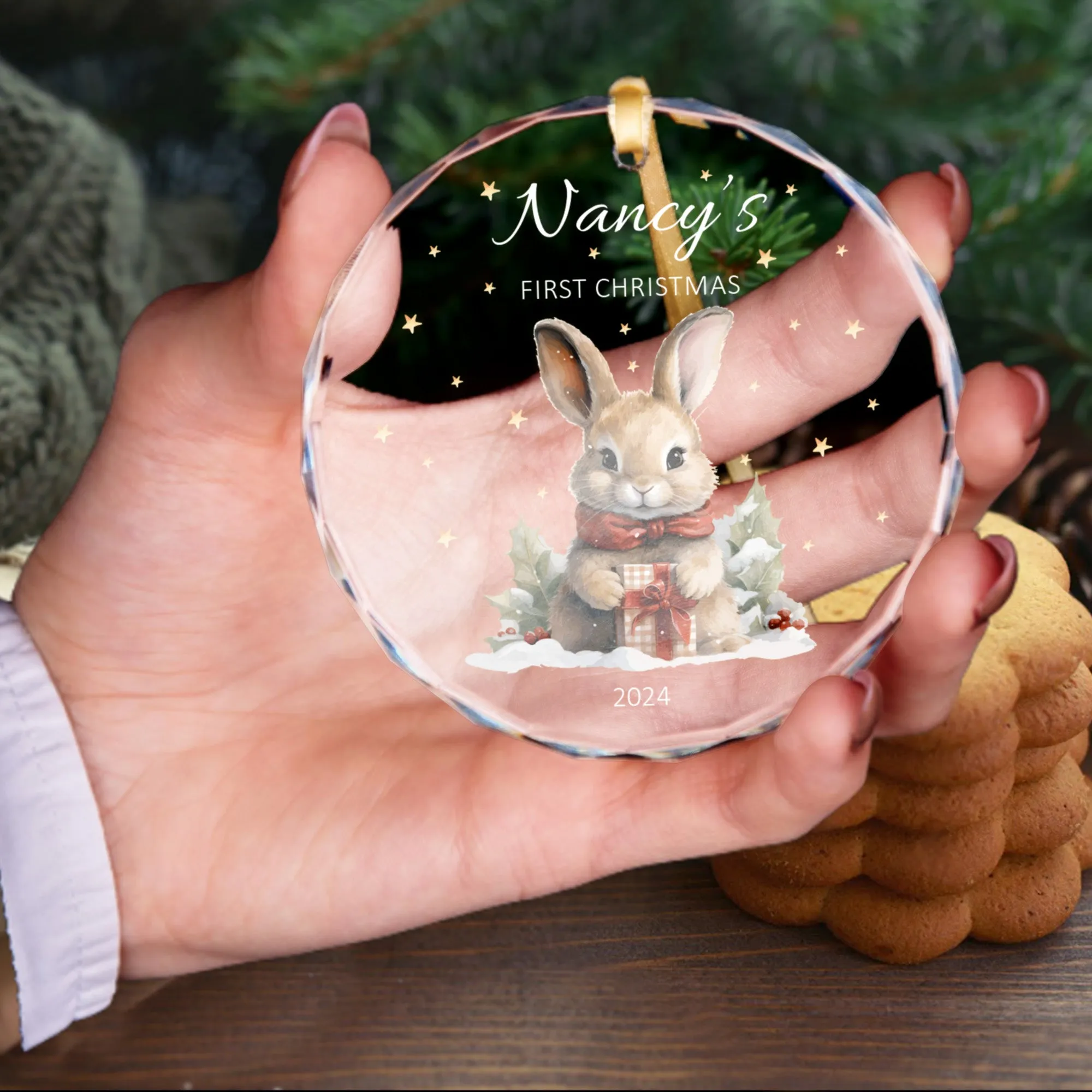 Personalized Baby's First Christmas Glass Ornament, Personalized Woodland Creatures GX02-24