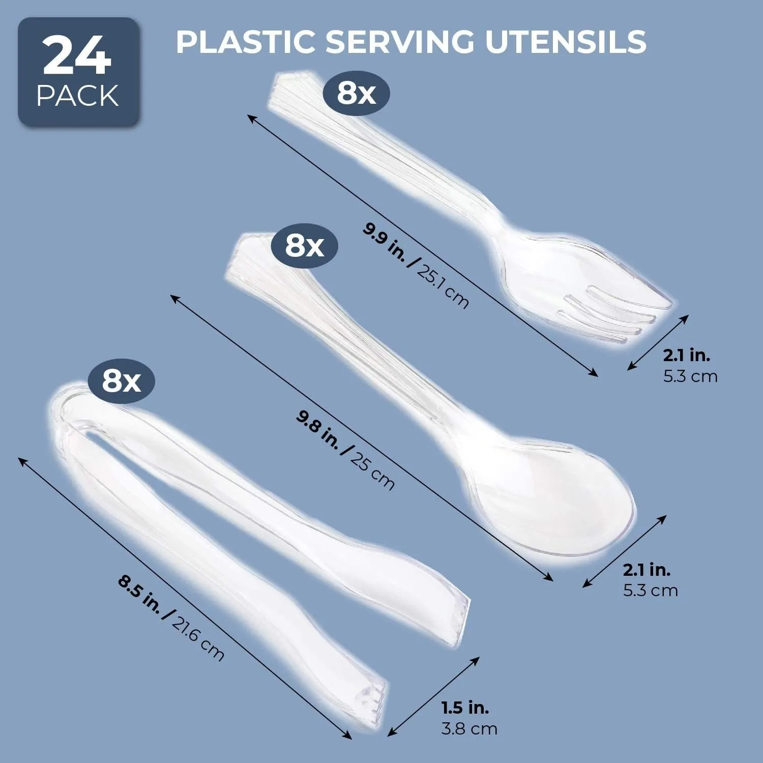 Set of 8 (24pcs) Plastic Serving Utensils Set disposable Clear Spoons Forks Tongs Dinnerware Caterware Supplies Combo Supplies for Catering Party Dinner Banquet Wedding Birthday