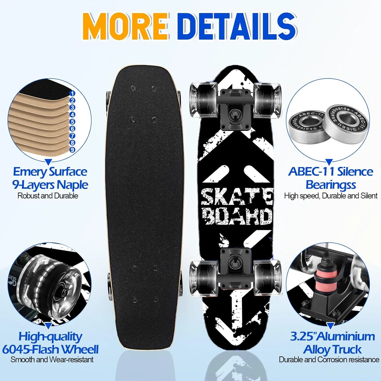 Skateboards with Colorful Flashing Wheels for Beginners,Kids,Teens,Adults, Complete Standard Skate Boards 9 Layer Canadian Maple Deck Concave Skateboard