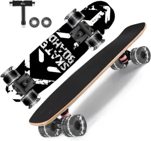 Skateboards with Colorful Flashing Wheels for Beginners,Kids,Teens,Adults, Complete Standard Skate Boards 9 Layer Canadian Maple Deck Concave Skateboard