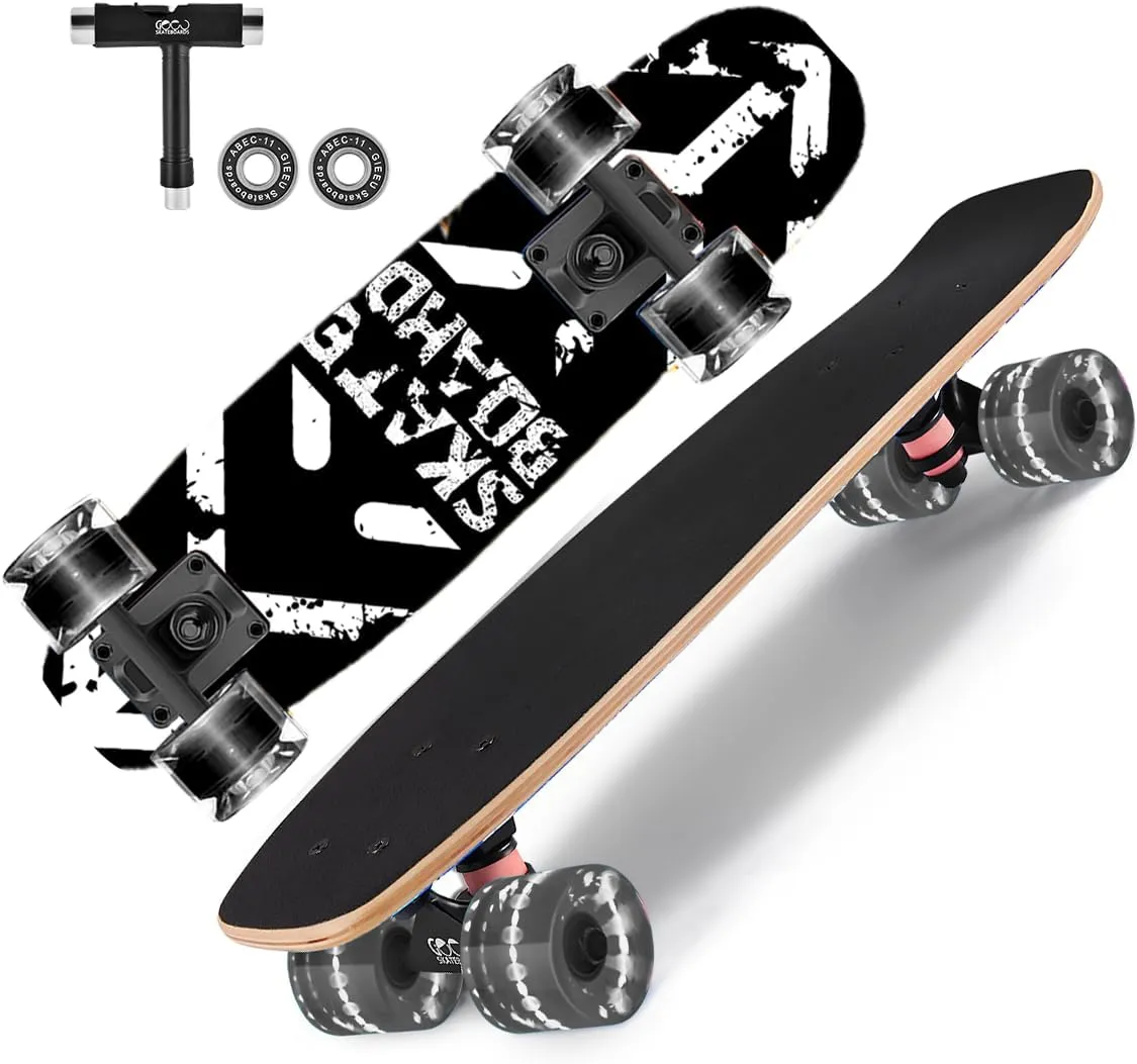 Skateboards with Colorful Flashing Wheels for Beginners,Kids,Teens,Adults, Complete Standard Skate Boards 9 Layer Canadian Maple Deck Concave Skateboard