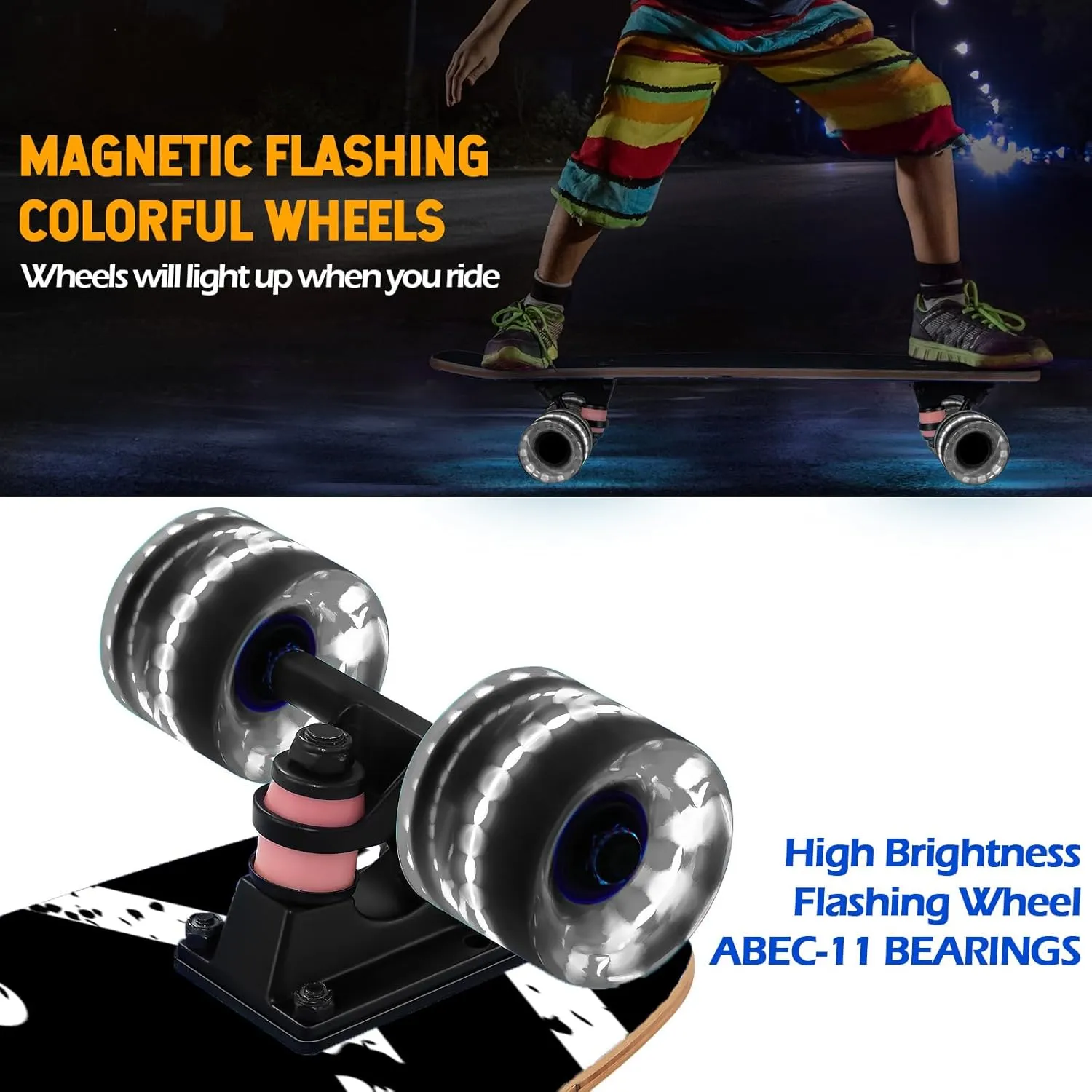 Skateboards with Colorful Flashing Wheels for Beginners,Kids,Teens,Adults, Complete Standard Skate Boards 9 Layer Canadian Maple Deck Concave Skateboard