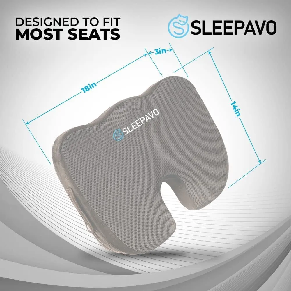 Sleepavo Gray Memory Foam Seat Cushion for Office Chair - Pillow for Sciatica, Coccyx, Back, Tailbone, Lower Back Pain Relief - Orthopedic Chair Pad Lumbar Support in Office Desk, Car, Airplane