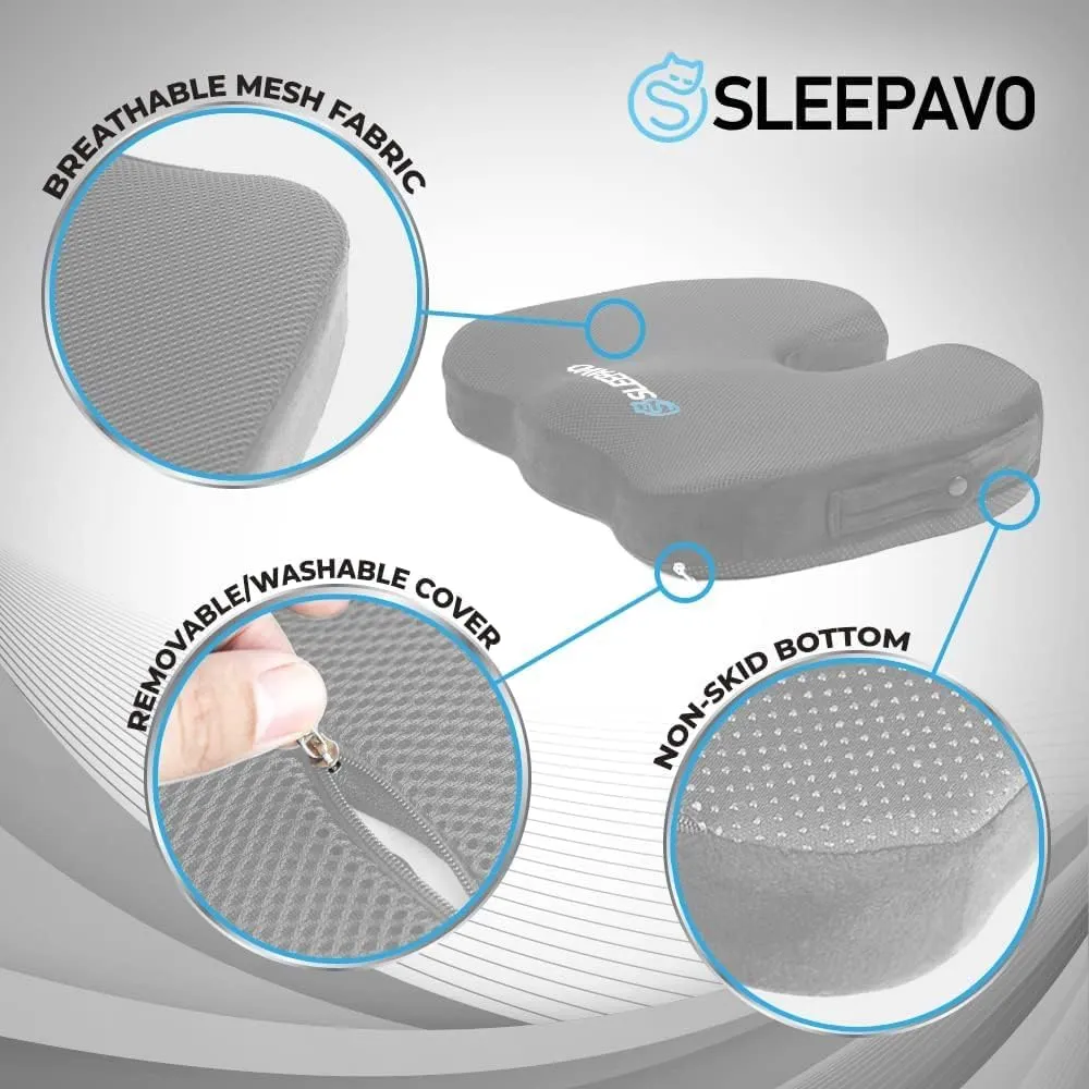 Sleepavo Gray Memory Foam Seat Cushion for Office Chair - Pillow for Sciatica, Coccyx, Back, Tailbone, Lower Back Pain Relief - Orthopedic Chair Pad Lumbar Support in Office Desk, Car, Airplane
