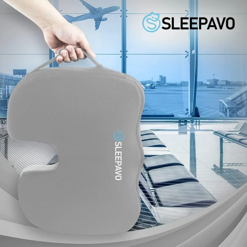 Sleepavo Gray Memory Foam Seat Cushion for Office Chair - Pillow for Sciatica, Coccyx, Back, Tailbone, Lower Back Pain Relief - Orthopedic Chair Pad Lumbar Support in Office Desk, Car, Airplane