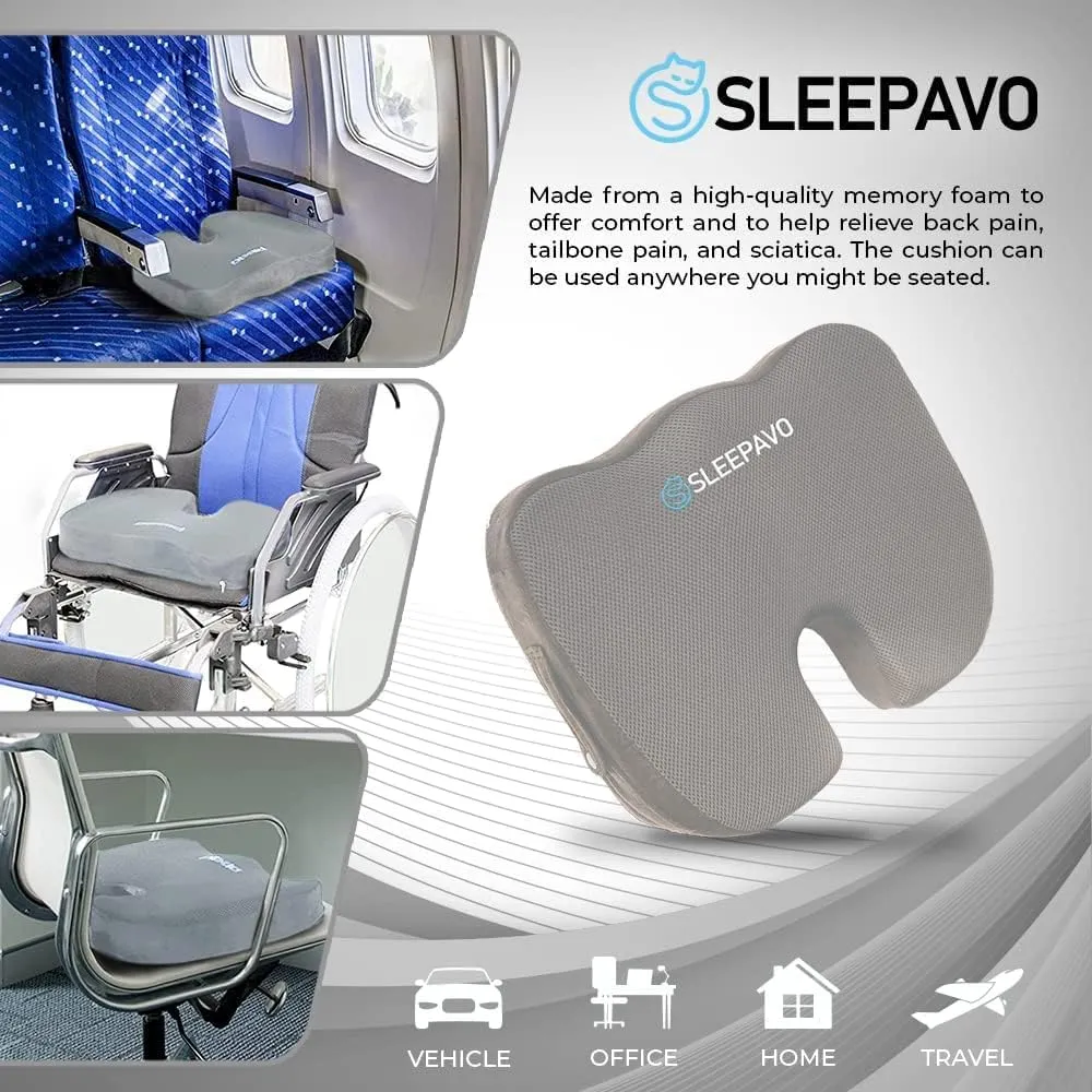 Sleepavo Gray Memory Foam Seat Cushion for Office Chair - Pillow for Sciatica, Coccyx, Back, Tailbone, Lower Back Pain Relief - Orthopedic Chair Pad Lumbar Support in Office Desk, Car, Airplane