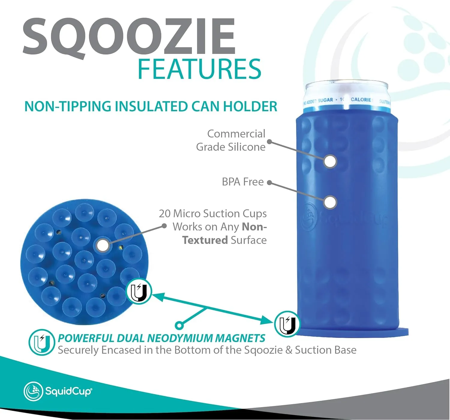 Sqoozie Non-Tipping Insulated Boat Can Holder (Island Blue, Slim) Portable, Magnetic & Suction for SUP's, Kayaks, RVs, ATV, Garage and More