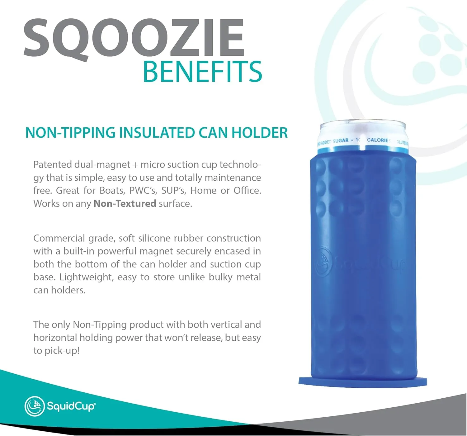 Sqoozie Non-Tipping Insulated Boat Can Holder (Island Blue, Slim) Portable, Magnetic & Suction for SUP's, Kayaks, RVs, ATV, Garage and More