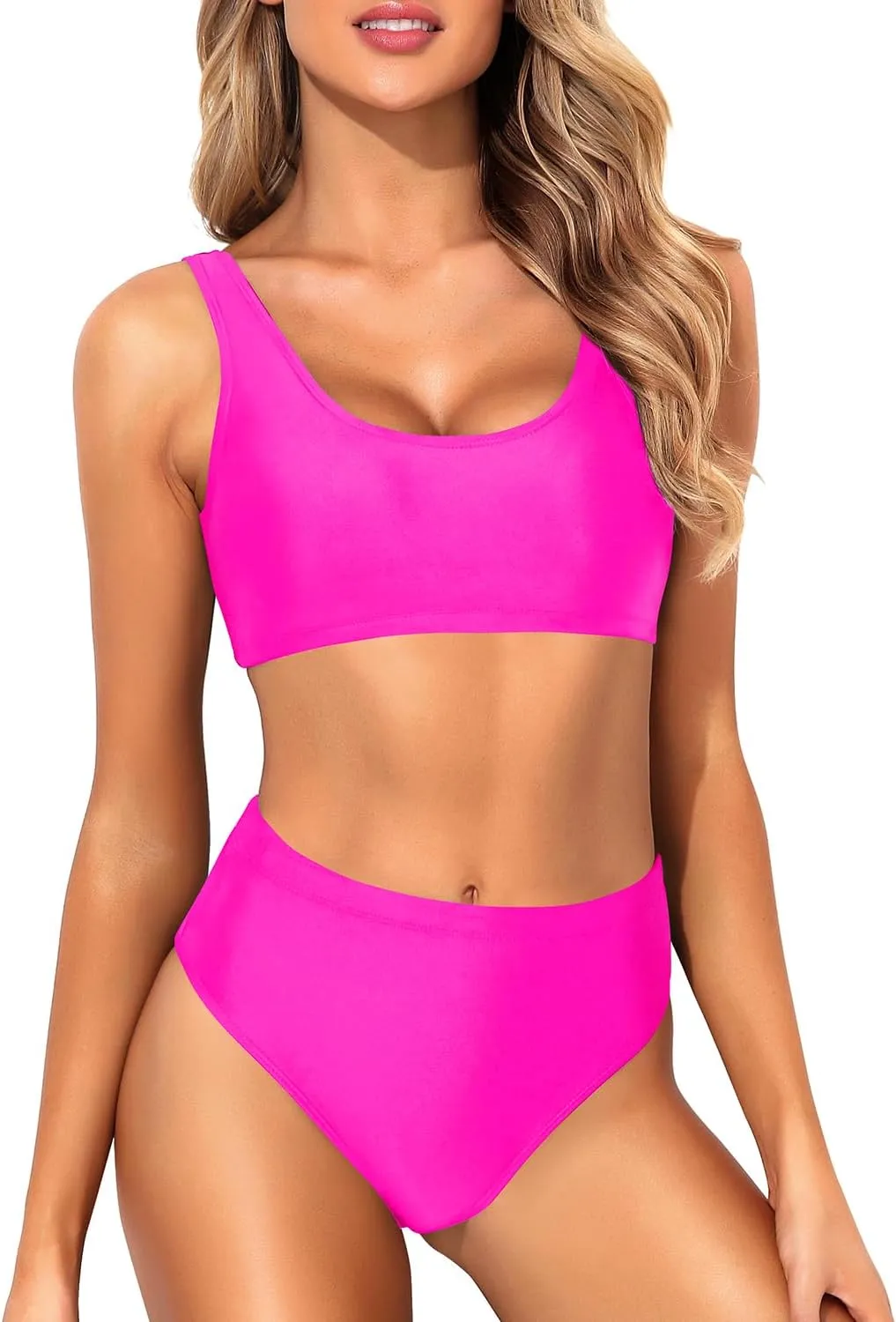 Tempt Me Women Two Piece Scoop Neck Bikini Crop Top Swimsuit Sporty High Waisted Bathing Suit