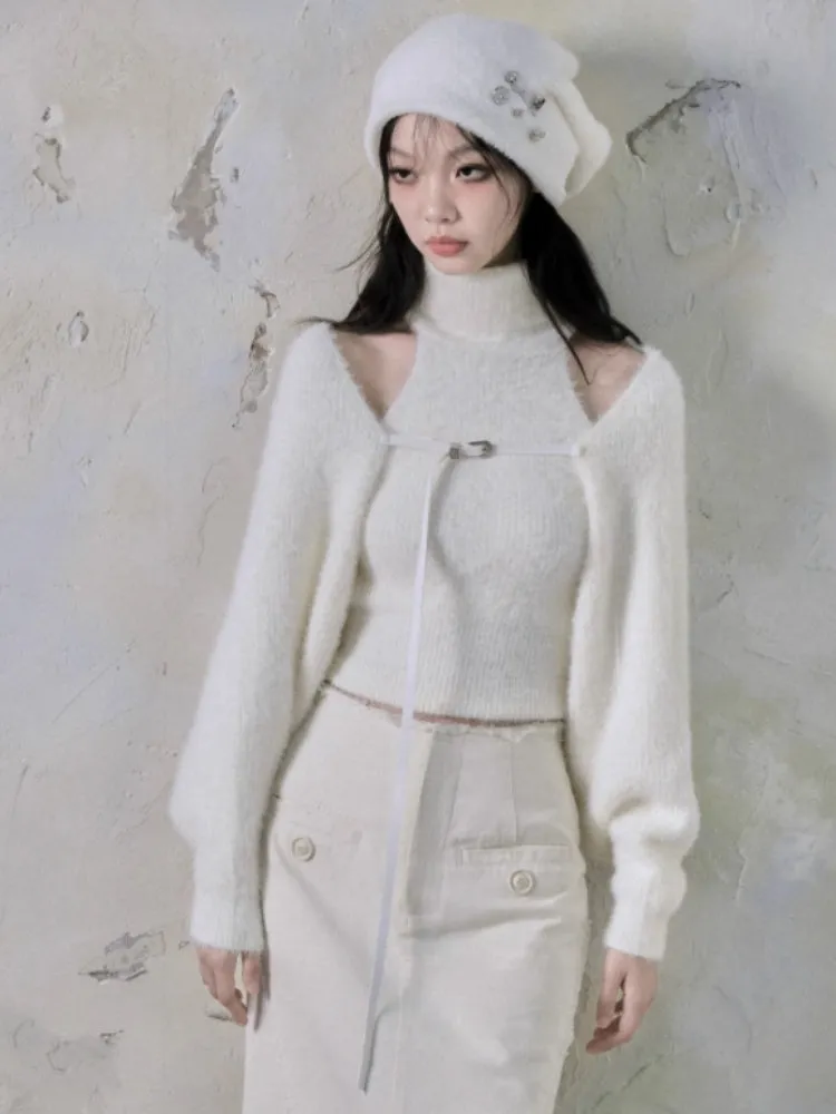 Turtle Neck Sleeveless Sweater & Knitted Shawl Cardigan Set up【s0000004399】