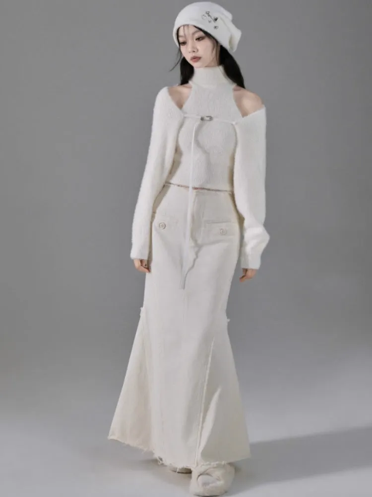 Turtle Neck Sleeveless Sweater & Knitted Shawl Cardigan Set up【s0000004399】