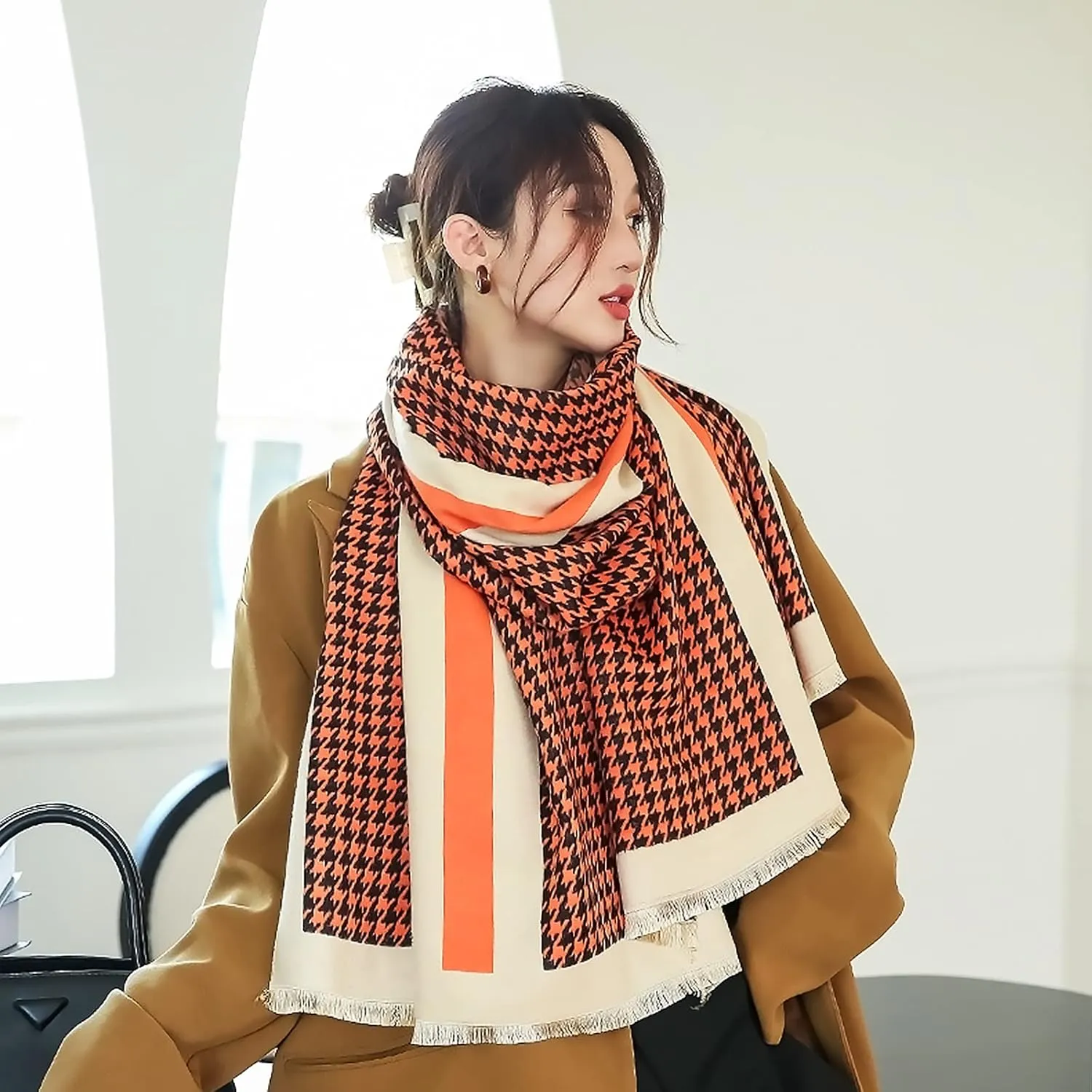 Winter Cashmere Scarf Shawl For Women Classic Houndstooth Pashmina Scarves With Tassel Warm Soft Long Thickened Wrap
