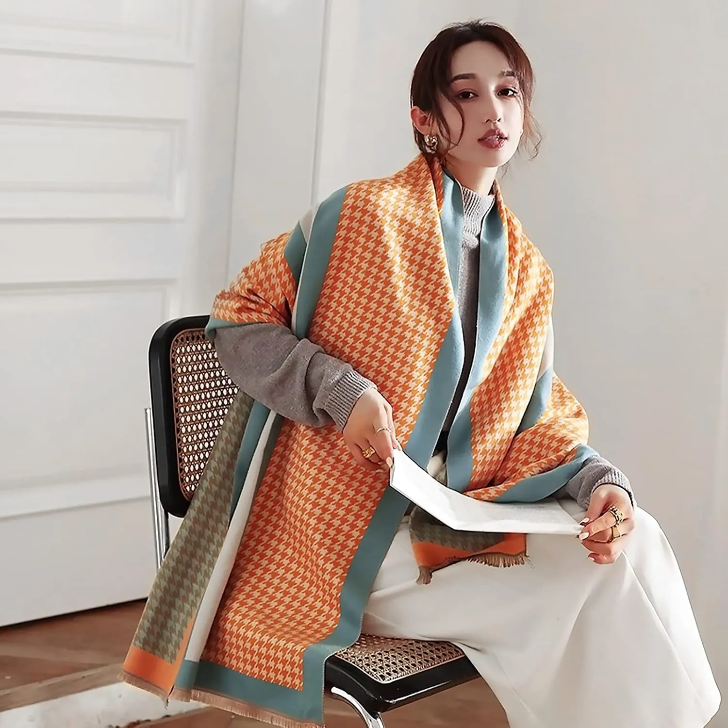 Winter Cashmere Scarf Shawl For Women Classic Houndstooth Pashmina Scarves With Tassel Warm Soft Long Thickened Wrap