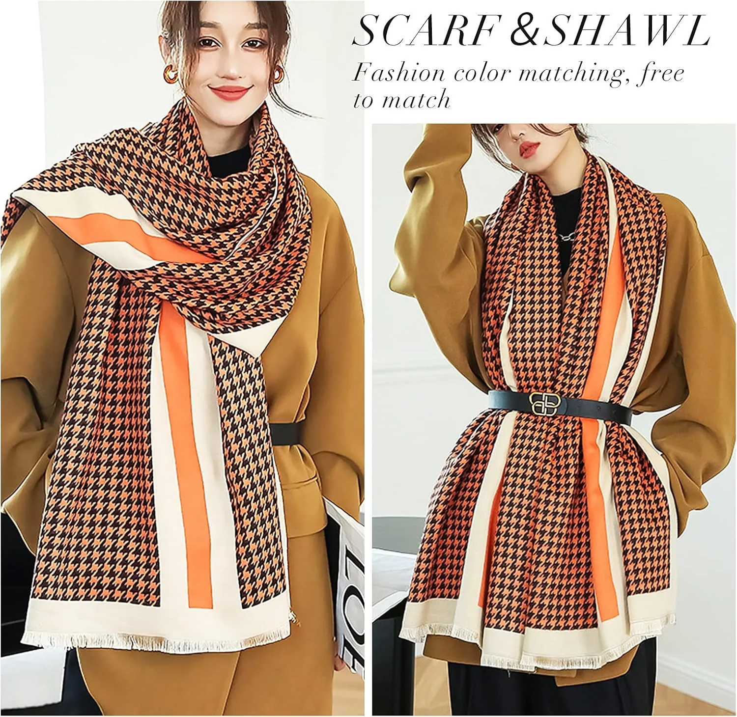Winter Cashmere Scarf Shawl For Women Classic Houndstooth Pashmina Scarves With Tassel Warm Soft Long Thickened Wrap