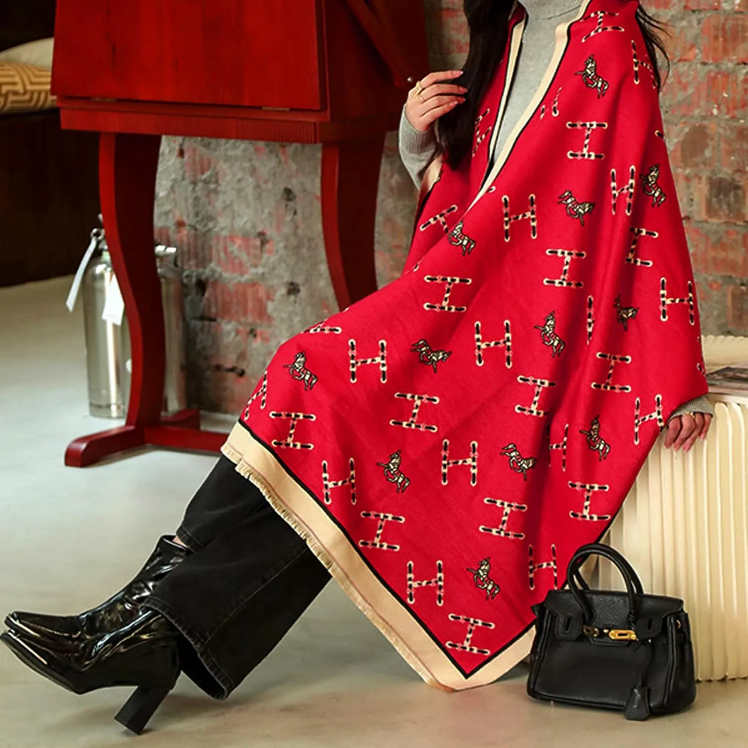 Winter Scarf Cashmere Shawl Women Retro Horse Letter Pattern Warm Pashmina Scarves With Tassel Soft Long Wrap Stole