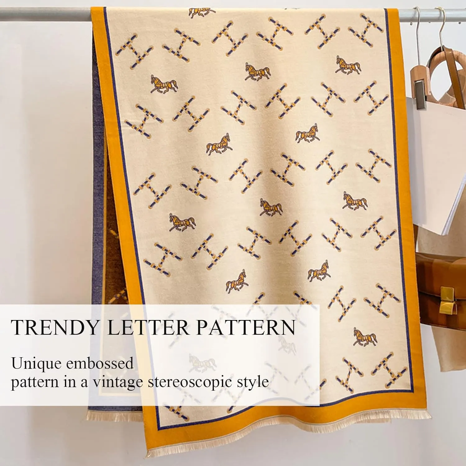 Winter Scarf Cashmere Shawl Women Retro Horse Letter Pattern Warm Pashmina Scarves With Tassel Soft Long Wrap Stole