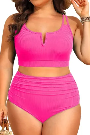 Women Plus Size High Waisted Bikini - Ribbed Two Piece Swimsuit Tummy Control Bathing Suit V-Wired 2025 Swimwear