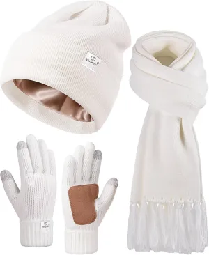 Womens Satin Lined Beanie Scarf Gloves Set, Silk Lined Winter Hats Knit Scarf Touchscreen Gloves, 3 Fashionable Warm Gift Set