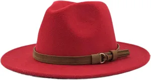 Women's Wool Fedora Hat With Leather Ribbon Winter Autumn Wide-Brimmed Jazz Hat Red 58-61CM